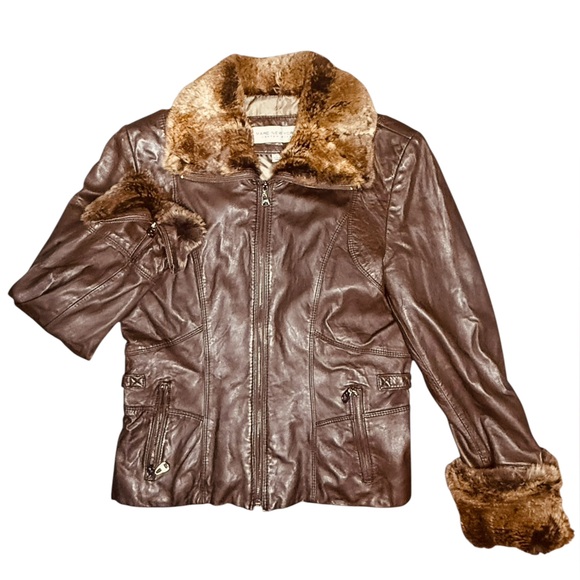Y2K Brown Leather Rabbit Fur Collar Cuff Bomber Moto Jacket Womens Size L Edgy - Picture 1 of 9